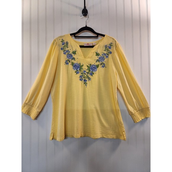 Quacker Factory Tops - Quacker Factory Women's Yellow Blue Floral Embroidered Rhinestones Top Size L